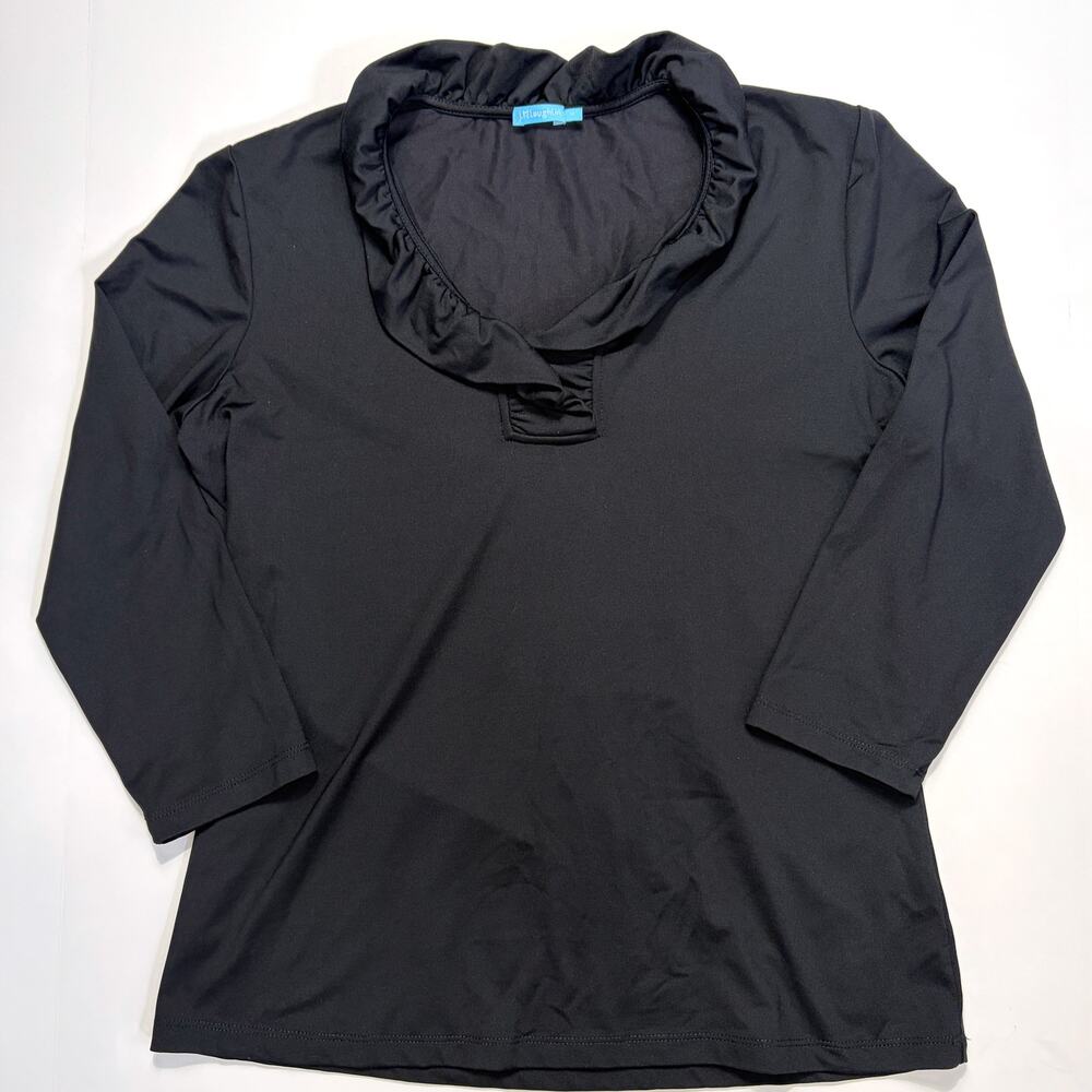 J. McLaughlin Black Ruffle Neck 3/4 Sleeve Stretch Top Size M
